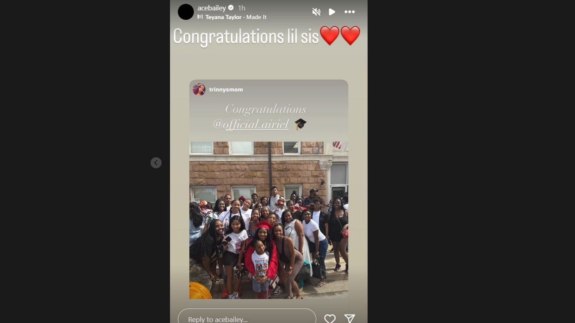 NBA-bound Ace Bailey drops heartfelt 3-word reaction as sister Airiel Bailey celebrates graduation with family & friends. Credit: IG/@acebailey